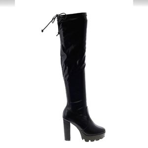 Black faux leather thigh high lugg sole heeled boots, sz 9 (40)
